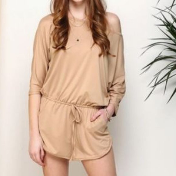 Khaki PLUS SIZE OFF ONE SHOULDER DRAWSTRING ROMPER SHORTS